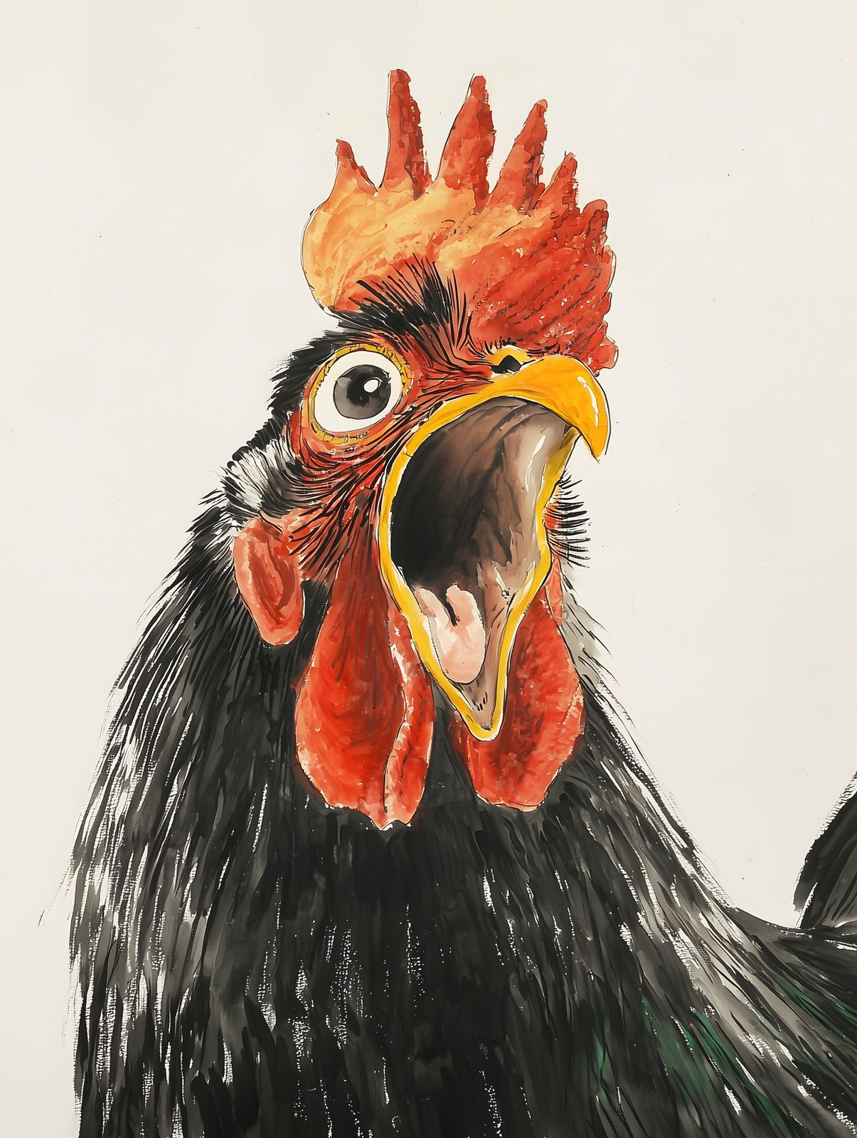 Ink and watercolor rooster with red comb and wattles, yellow beak open wide mid-crow, black feathered body, white background.