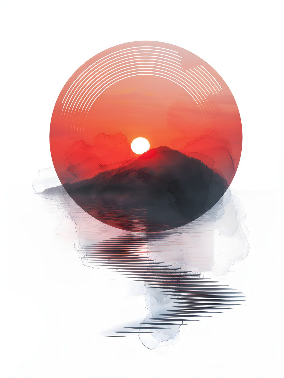 White sun setting over dark hills inside a large red disc ringed with record-groove arcs, rippled reflection below.