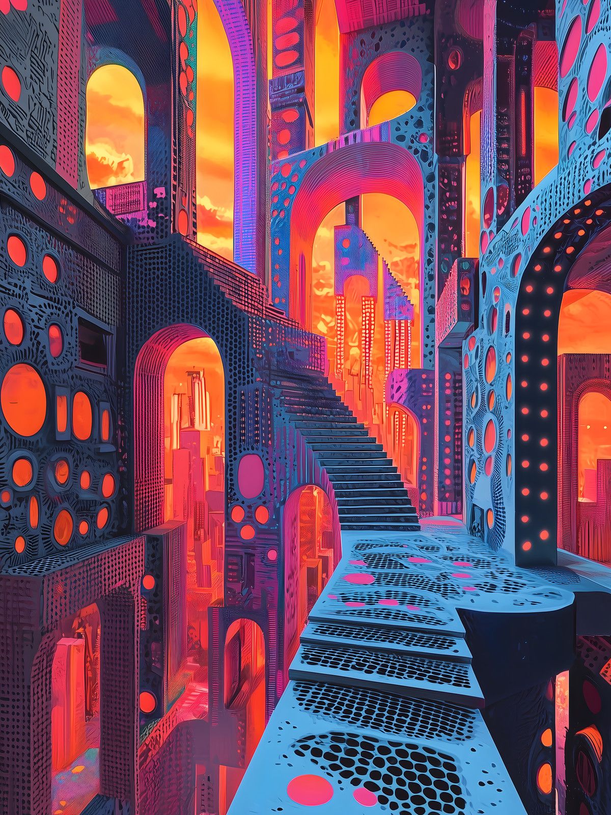 Surreal blue arched architecture with dotted textures and a staircase rising toward a glowing orange sunset sky.