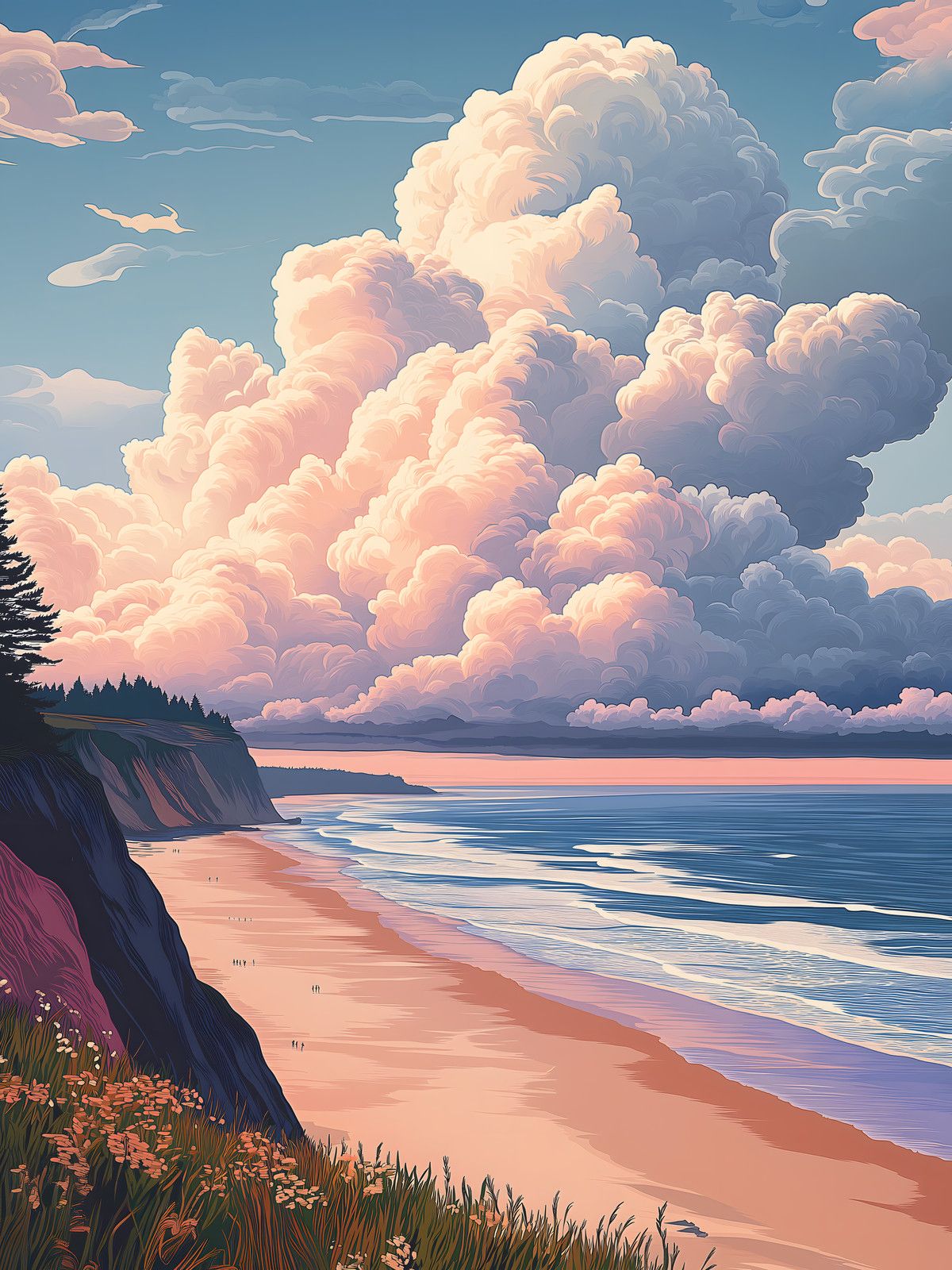 Vintage-poster beach scene with towering pink-lit clouds, curving shoreline, and a dark wildflower cliff in the foreground.