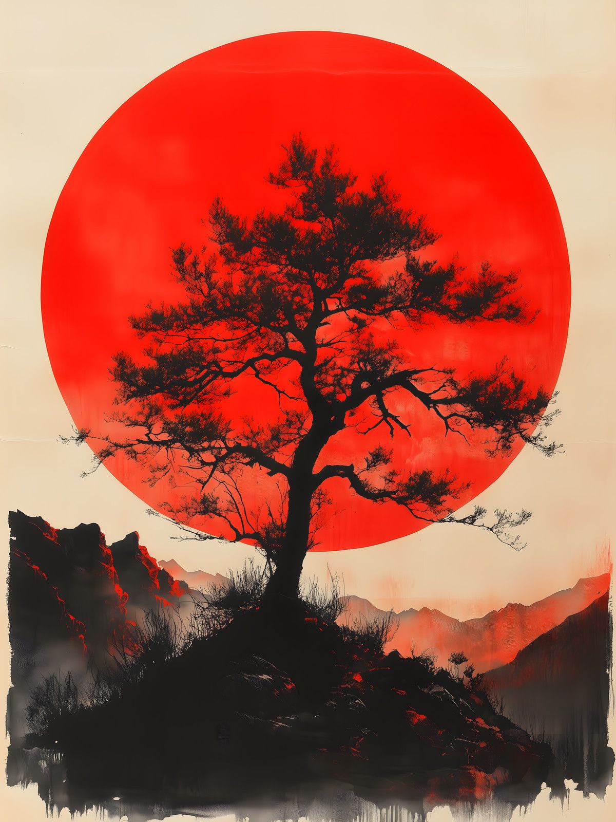 Black pine silhouette against a huge flat red sun on cream, ink mountains below, drips trailing from the dark ground.